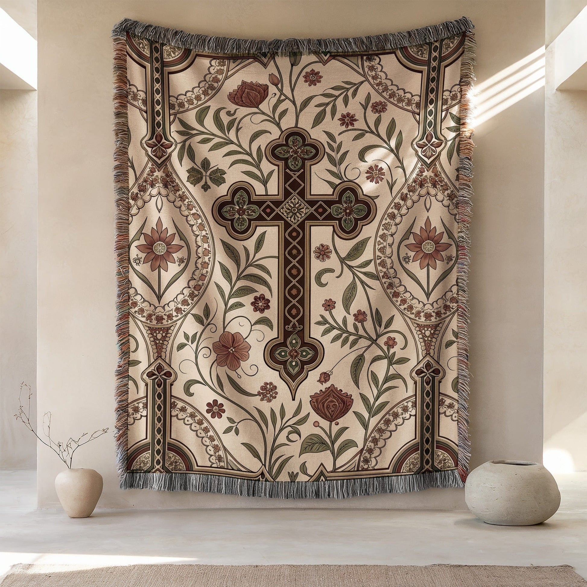 Elegant Tapestry with Cross and Floral Design Blanket