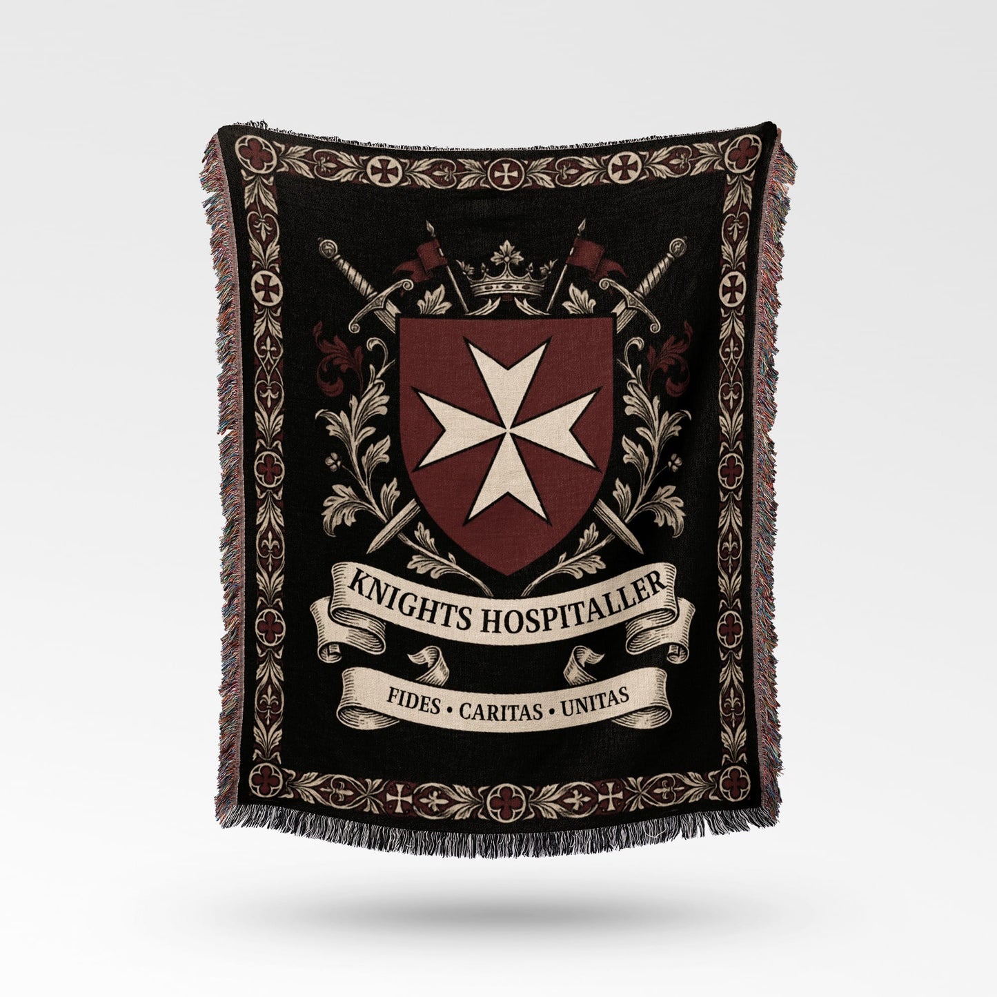 Tapestry blanket with Knights Hospitaller crest, swords, crown, and Latin motto.