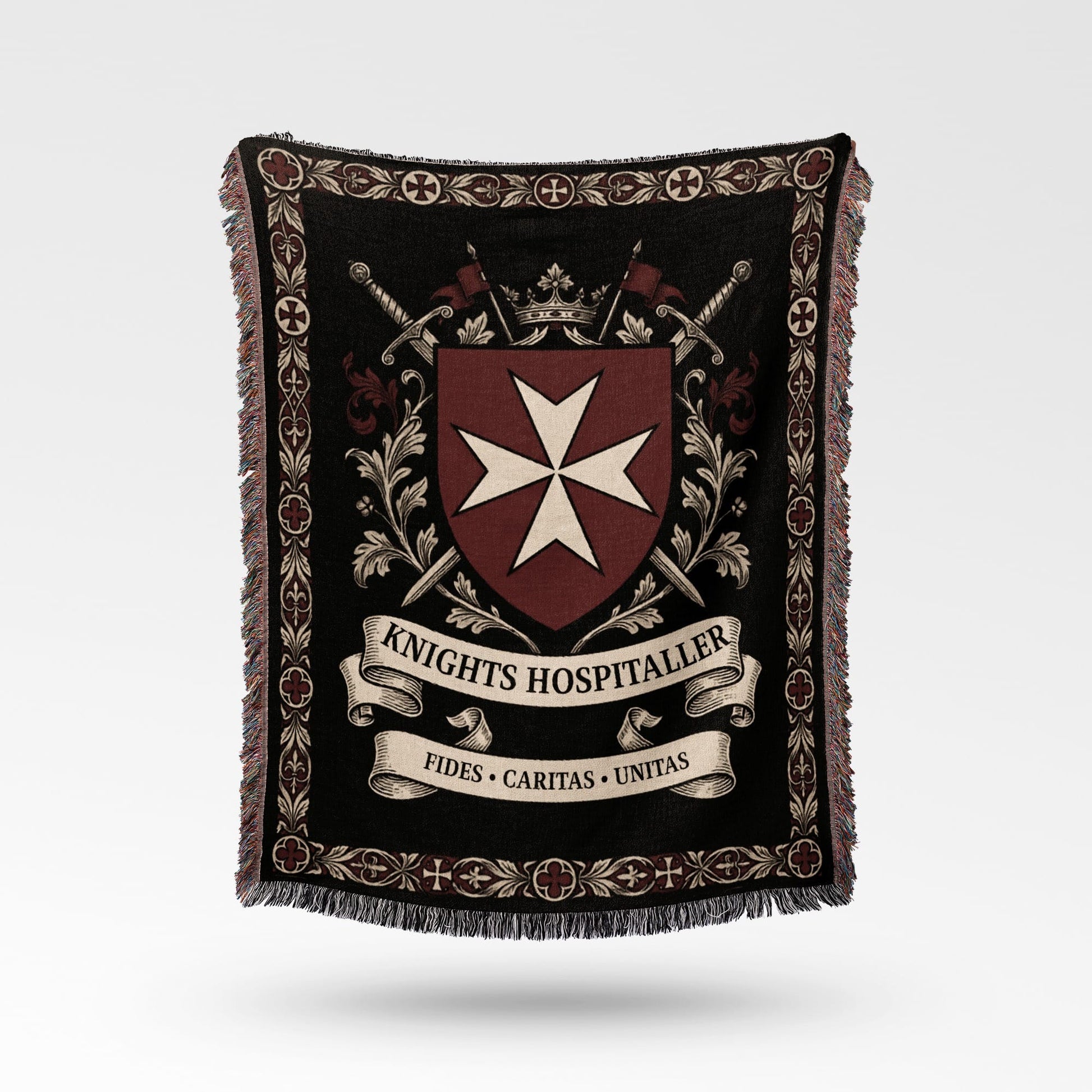 Tapestry blanket with Knights Hospitaller crest, swords, crown, and Latin motto.