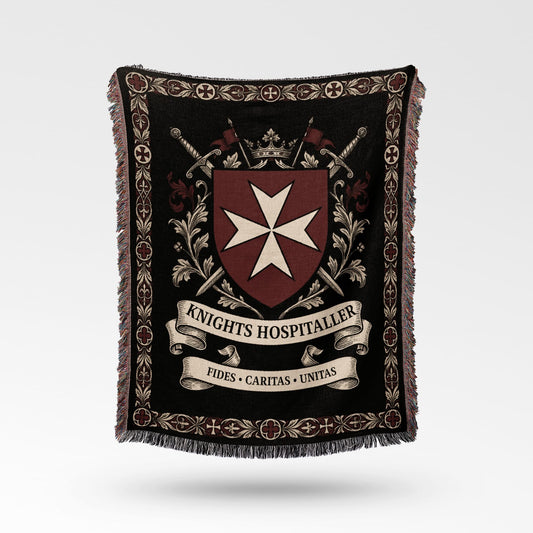 Tapestry blanket with Knights Hospitaller crest, swords, crown, and Latin motto.