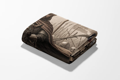 Folded blanket featuring a medieval knight in armor with swords and spears.
