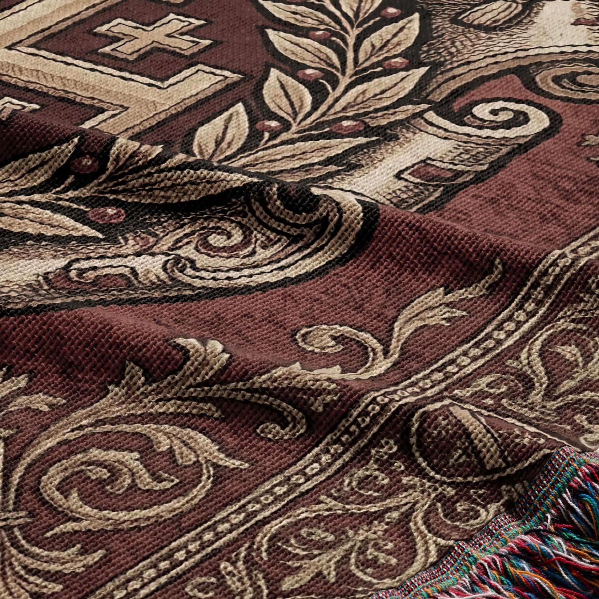 Brown tapestry with ornate beige scrollwork, laurel leaves, and fringed edge.
