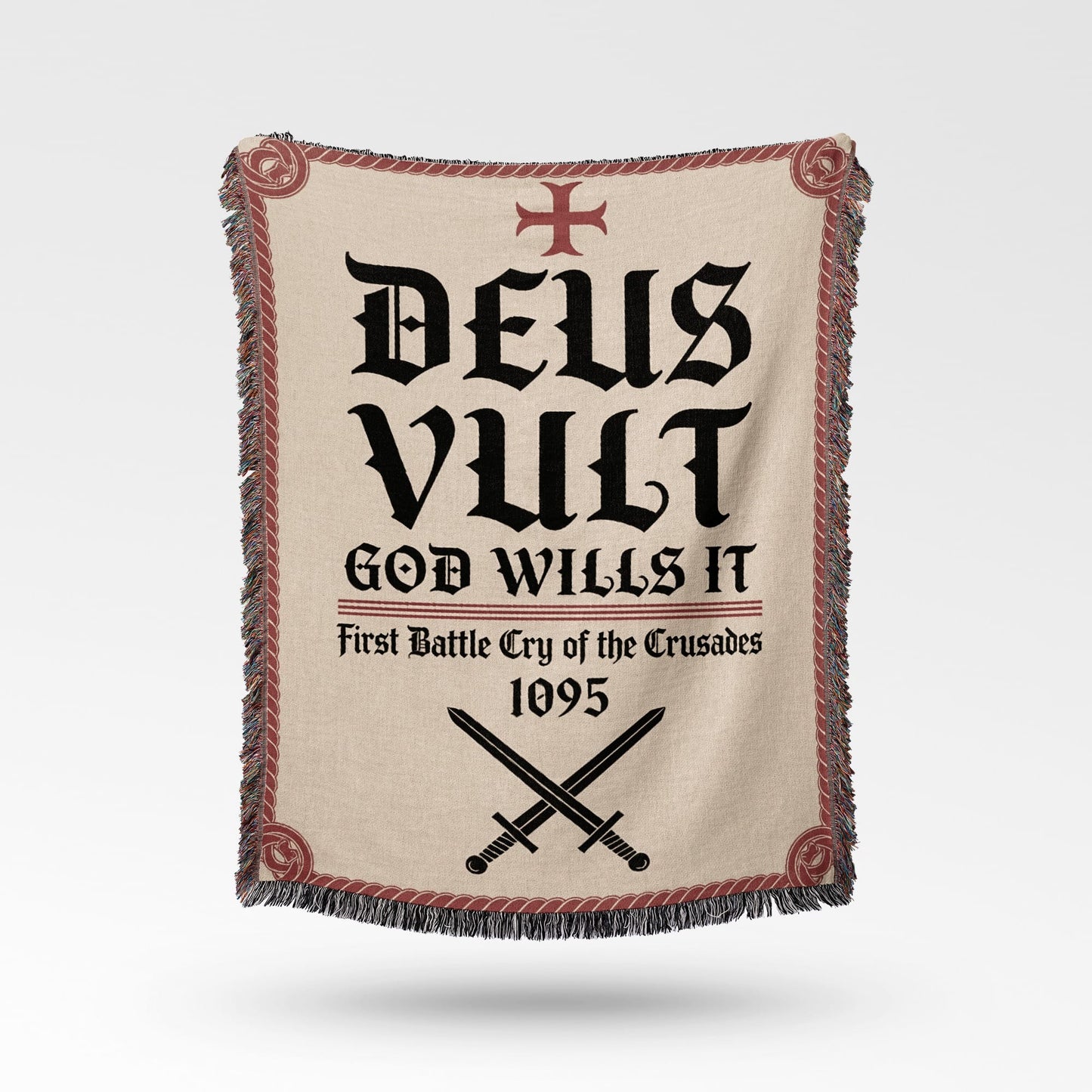 Deus Vult blanket with crossed swords and the year 1095.