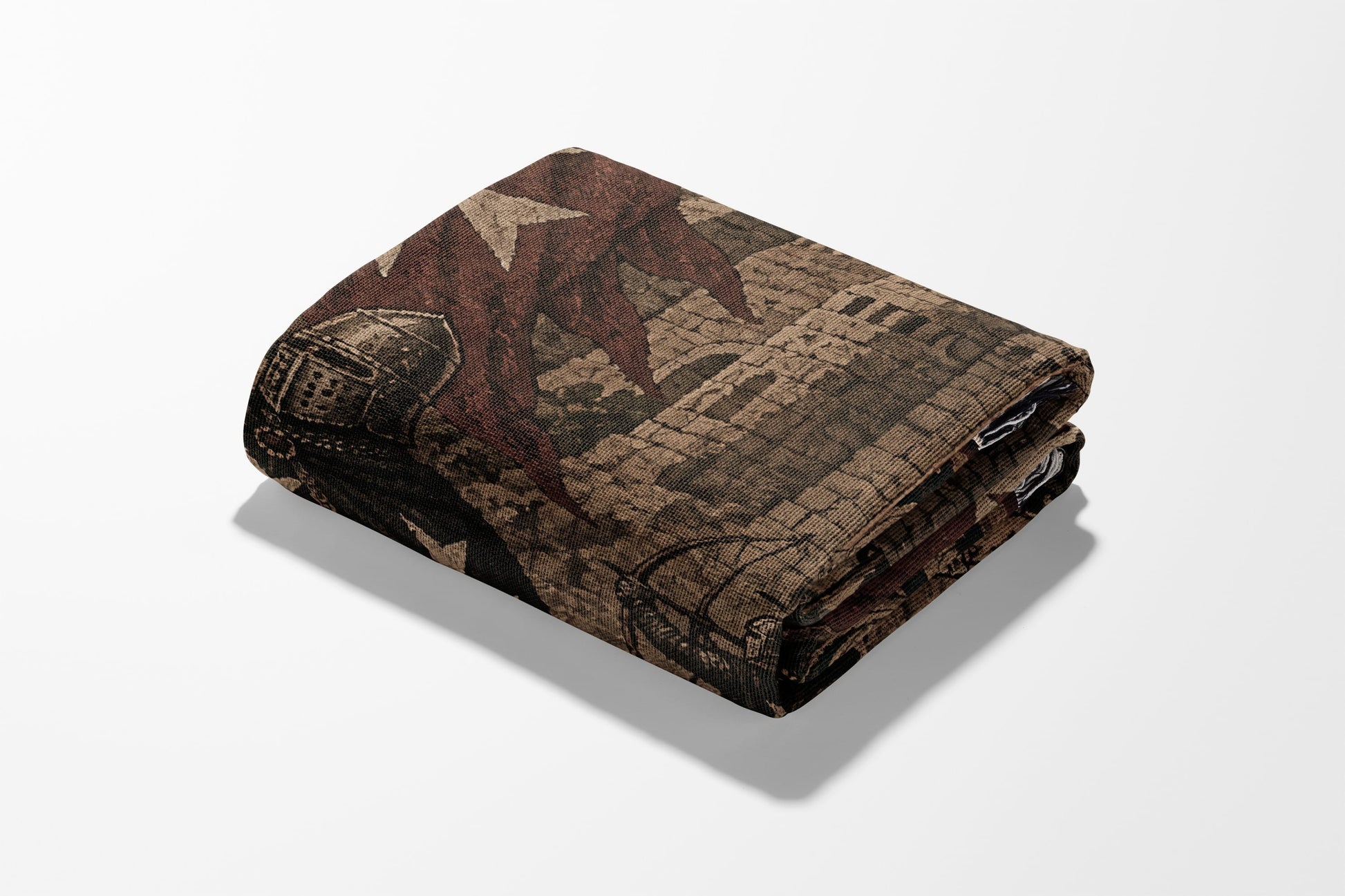 Folded blanket with a distressed patriotic star and shield pattern.
