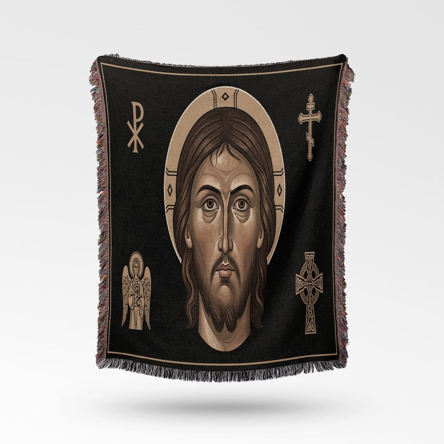 Tapestry featuring Jesus' face, chi-rho, angel, and Celtic cross on black.