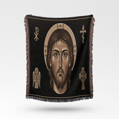 Tapestry featuring Jesus' face, chi-rho, angel, and Celtic cross on black.