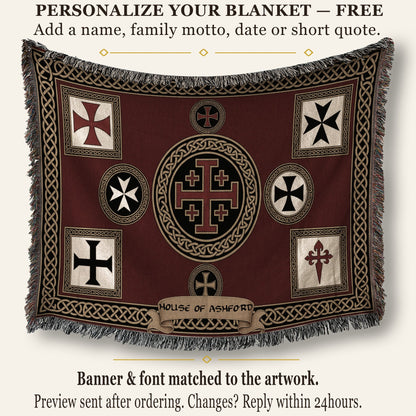 MyDesigns Medieval Tapestry Woven Throw – Burgundy Jerusalem Cross Medallion Blanket jacquard woven blanket